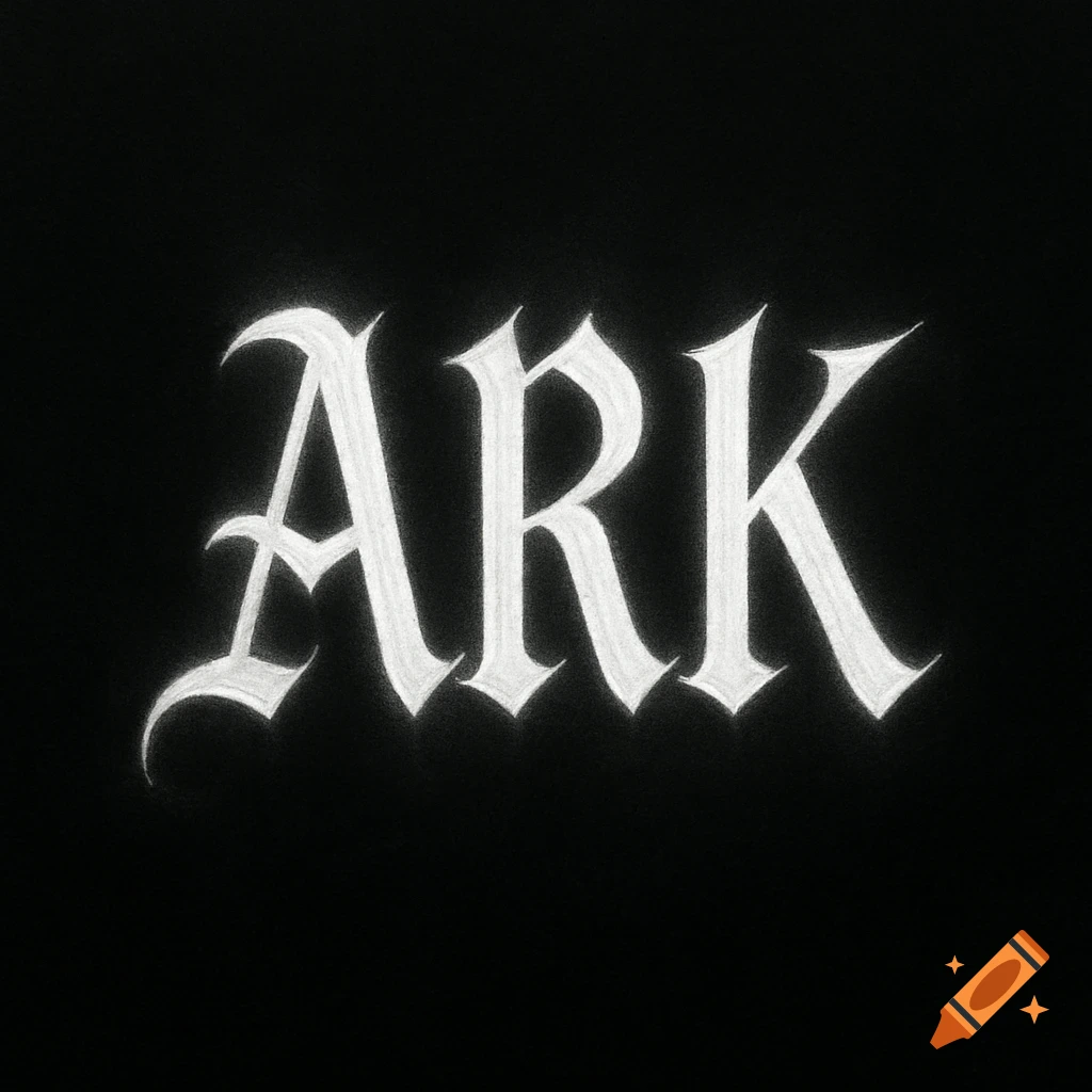 The word ARK in ornate white gothic-style lettering against a solid black background.