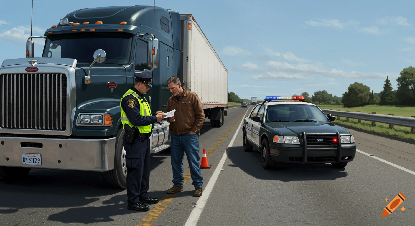 A police officer checks a truck driver's documents next to a semi-truck and police car on a sunny highway in a realistic illustration.