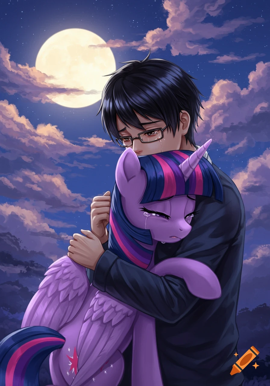 An anime boy with black hair and glasses cries while hugging a purple unicorn pony named Twilight Sparkle, who is also crying, under a full moon in a cloudy night sky.