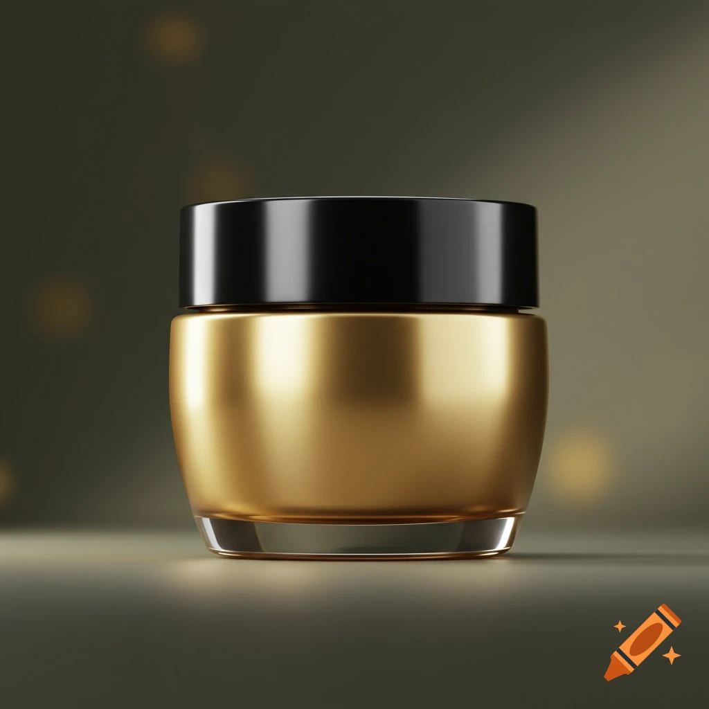 A modern golden cream jar with a black lid on a dark surface with blurry golden lights in the background.