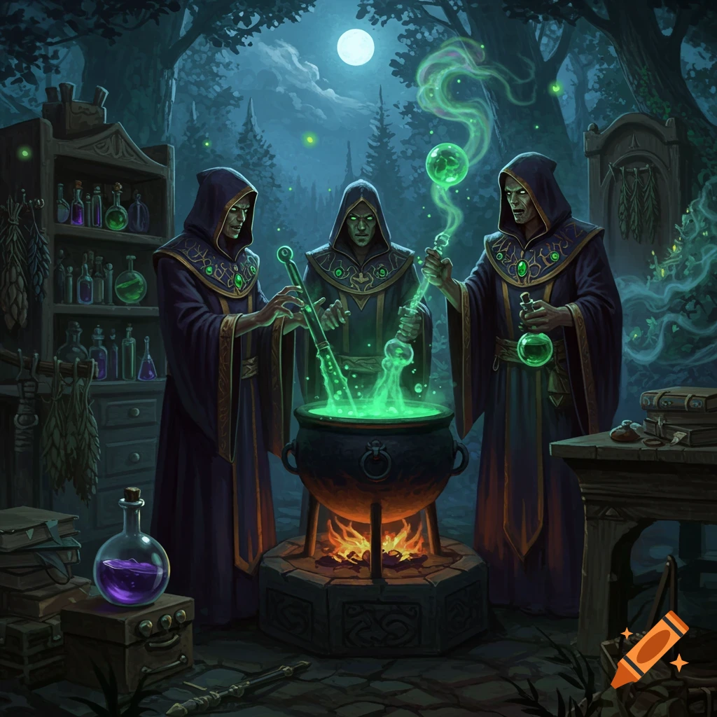 Three hooded figures brew a glowing green potion in a large cauldron in a dark, moonlit magical forest lab.