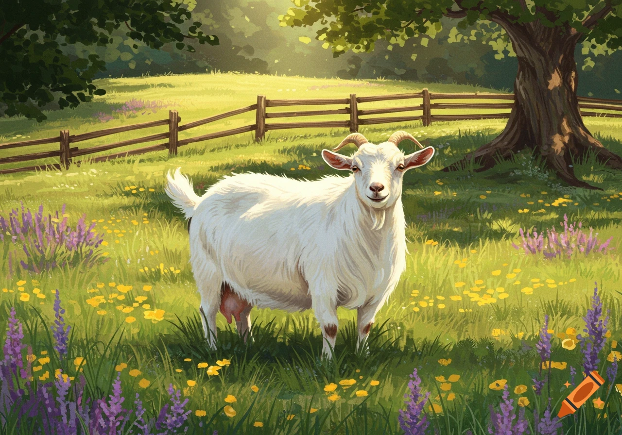 A white horned goat stands prominently in a vibrant green field adorned with yellow and purple wildflowers, under a sunny sky.