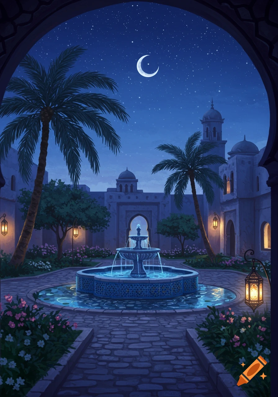Ornate courtyard with a tiered fountain, palm trees, and buildings under a starry night sky with a crescent moon.