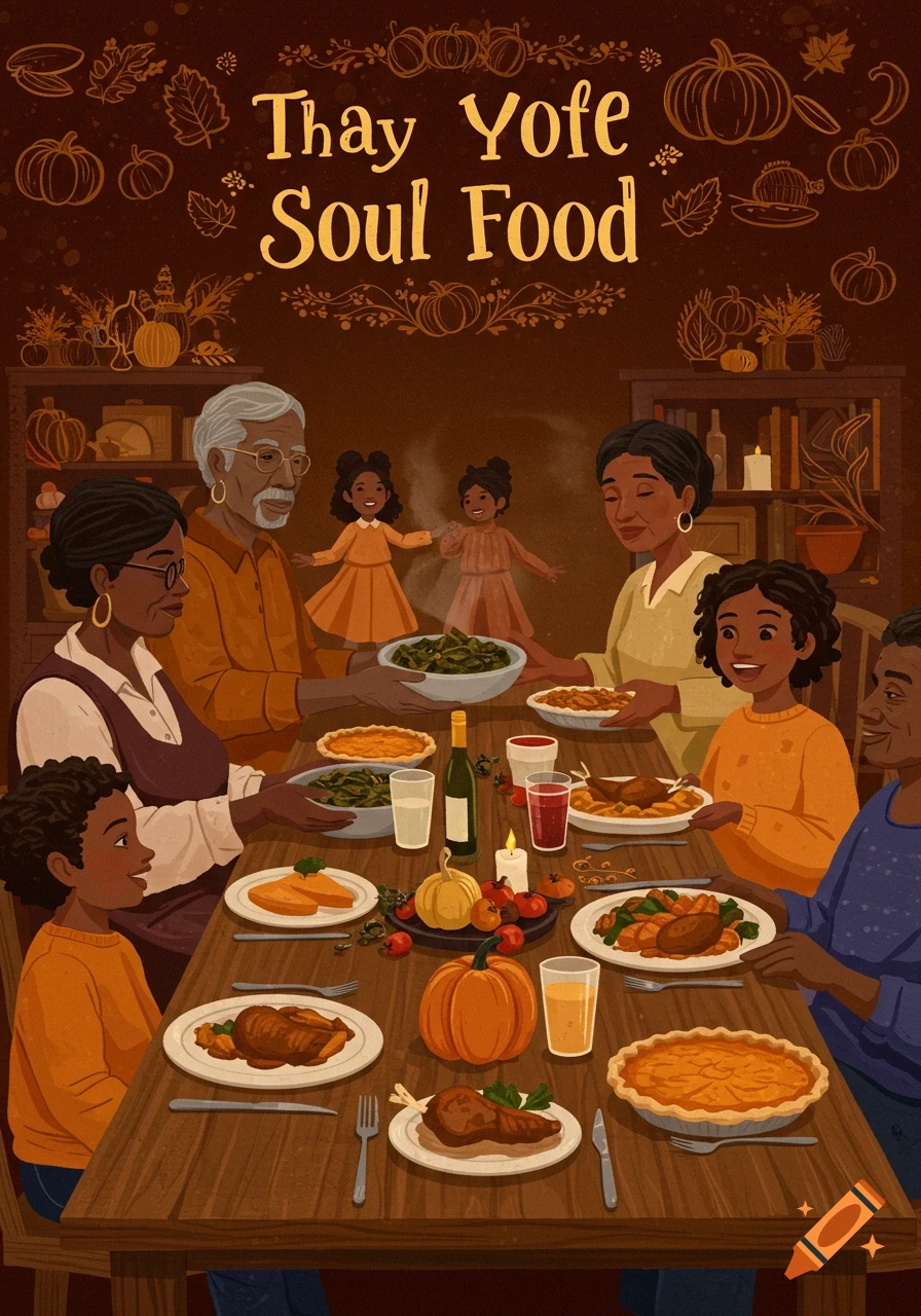 An illustration of a Black family enjoying a soul food feast around a dining table, with text 'Thay Yofe Soul Food' above.