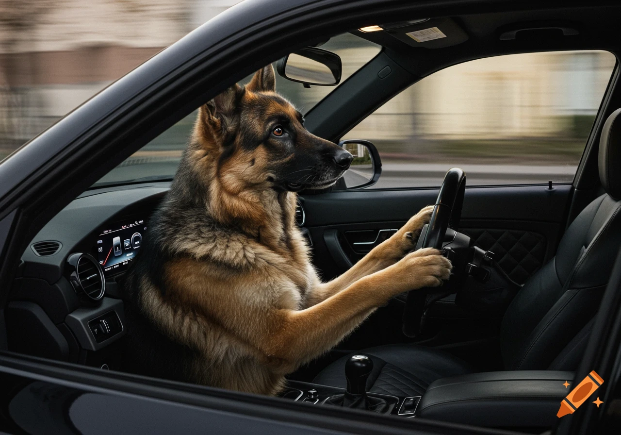 A photorealistic German Shepherd dog with its front paws on the steering wheel drives a black car, looking ahead. The background shows motion blur.