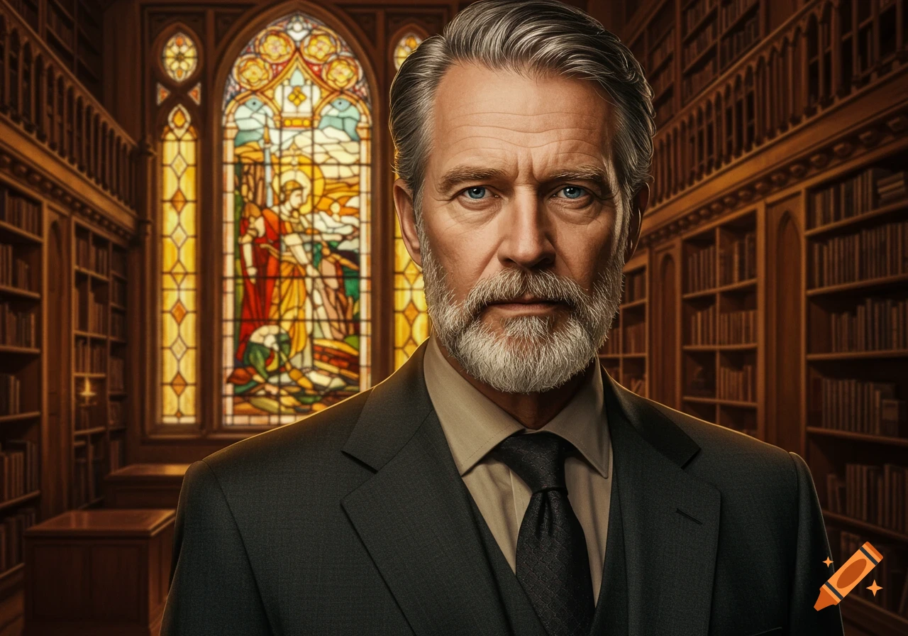 A photorealistic portrait of a distinguished older man with a grey beard, wearing a suit, standing in a library with a stained glass window.
