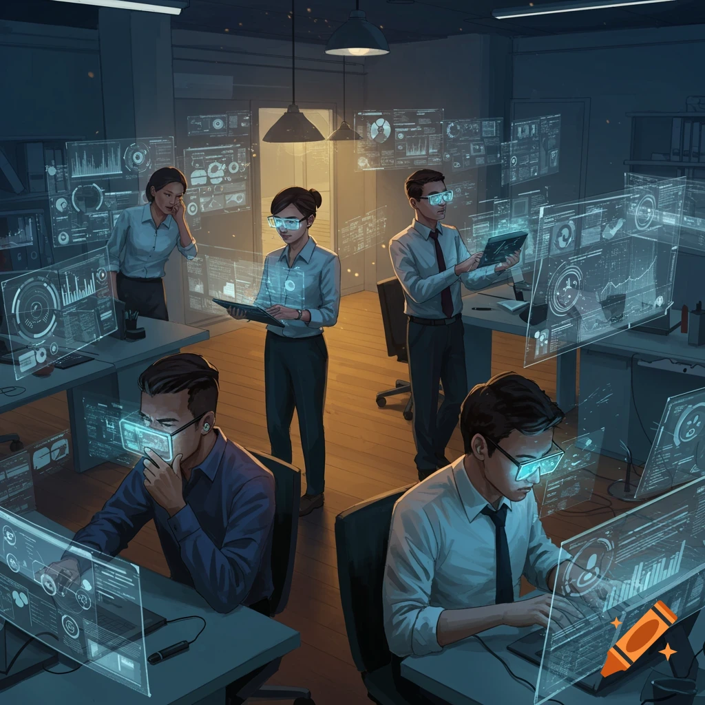 People in an office work with glowing holographic screens and VR glasses, interacting with data in a futuristic, stylized illustration.