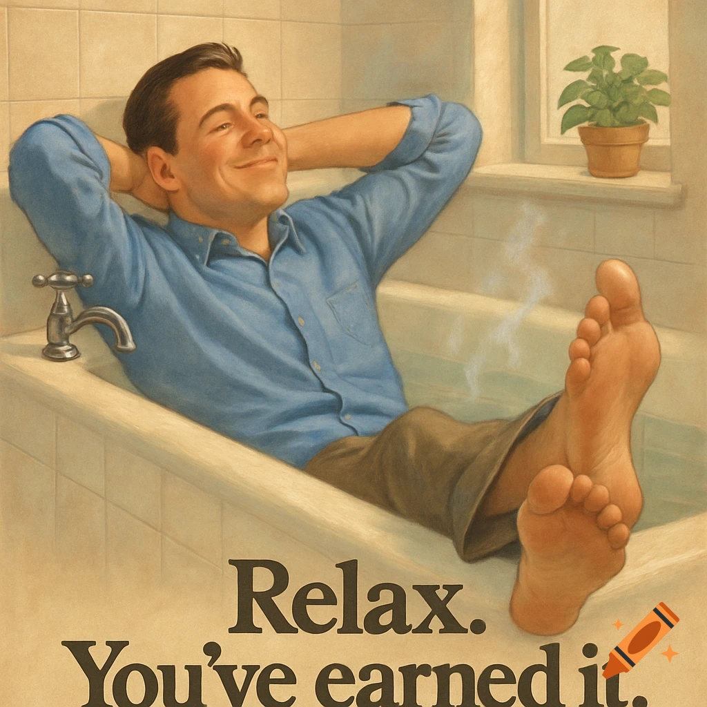 A man in a blue shirt relaxes in a bathtub, smiling. Text reads 'Relax. You've earned it.' 1990s ad style.