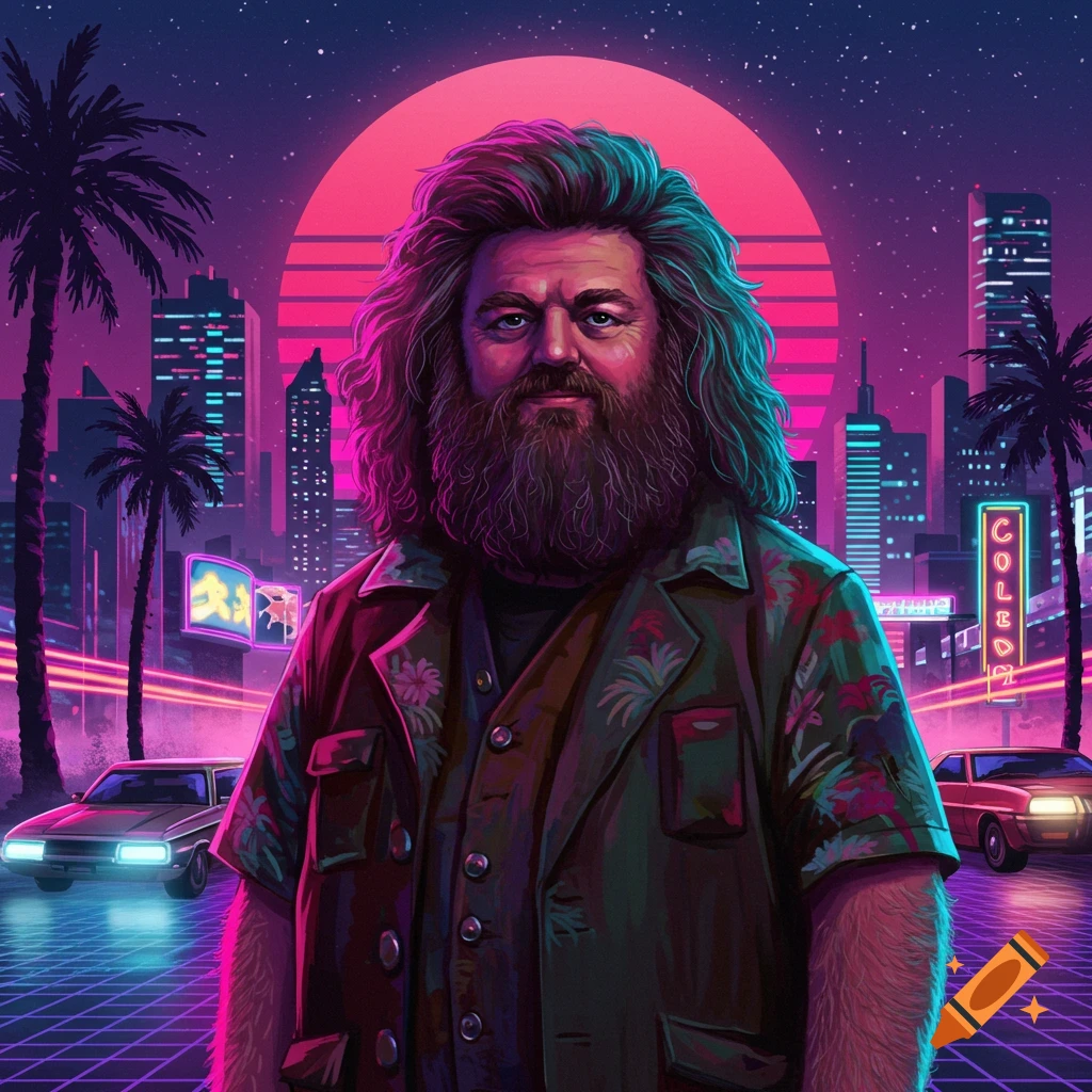 Synthwave digital art of Hagrid in a neon-lit Vice City cityscape with palm trees and cars.