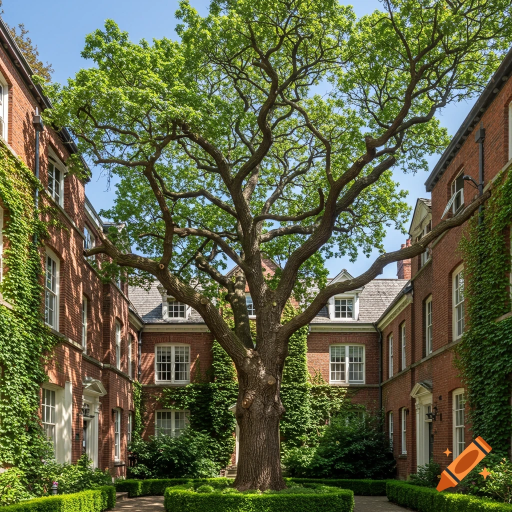 A large, majestic tree with green leaves stands in the center of a sunny brick courtyard, surrounded by ivy-covered buildings.