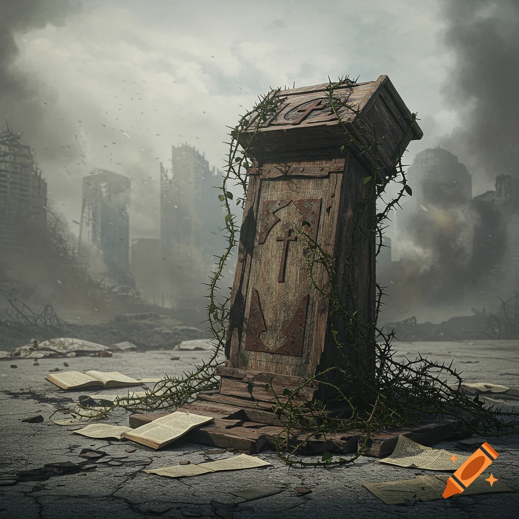 A ruined wooden lectern wrapped in thorny vines, surrounded by scattered open books in a desolate, post-apocalyptic city.
