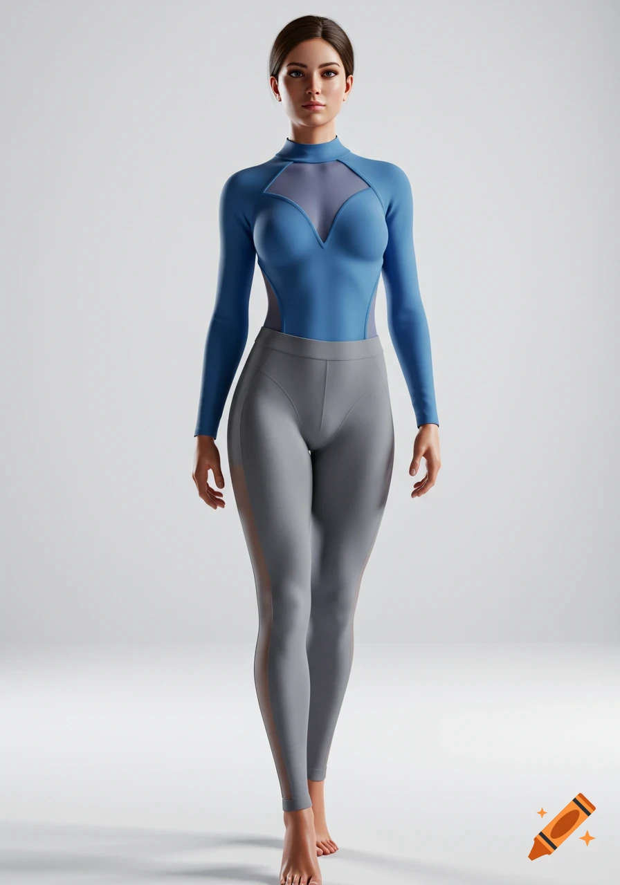 Photorealistic full-body shot of a female model in a blue long-sleeve leotard with mesh details and grey form-fitting leggings, standing on a white background.