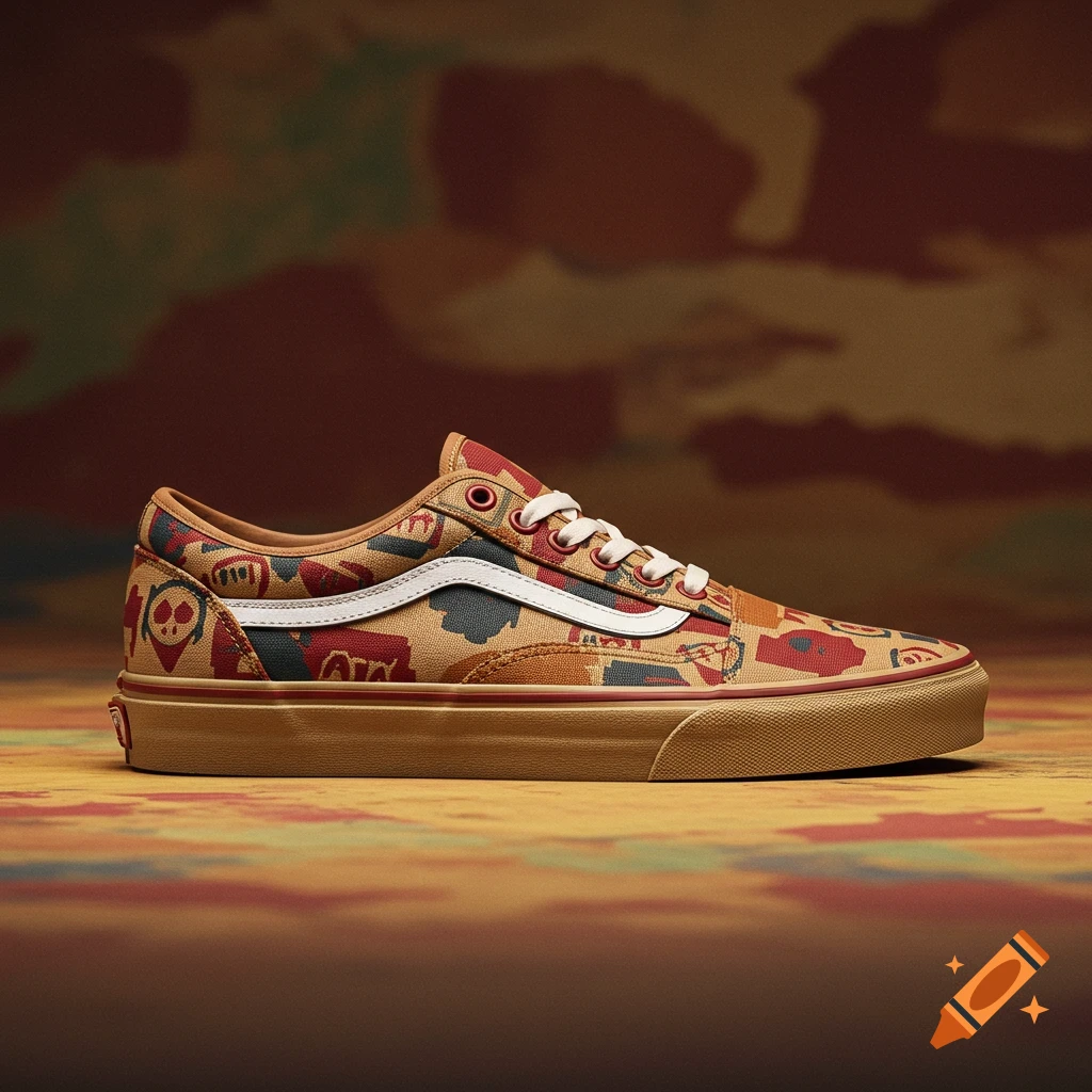 A Vans sneaker with a camouflage-like pattern featuring abstract red, blue, and tan symbols, white laces, and a white side stripe.