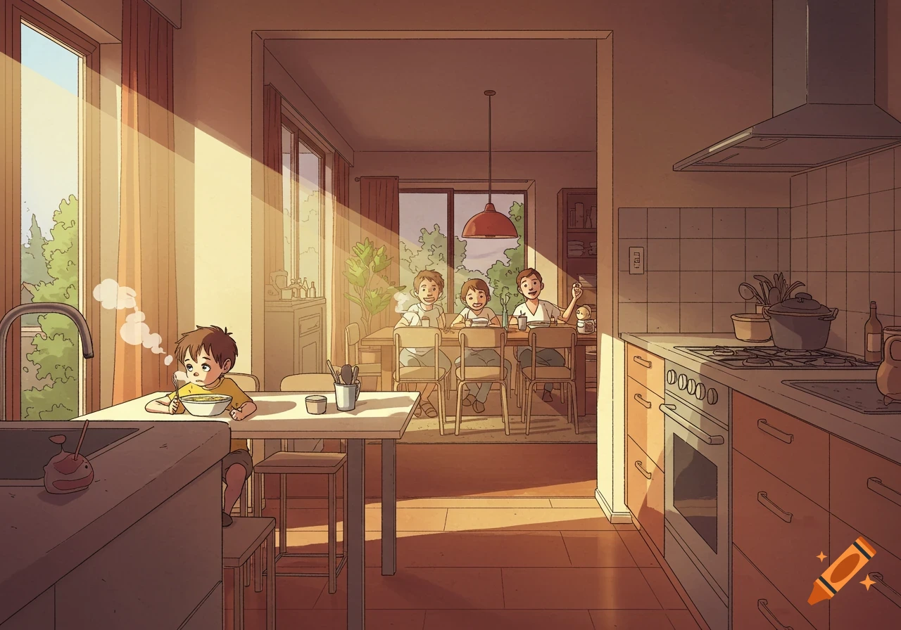 A boy eats soup at a kitchen counter in a cartoon style, sunbeams stream through a window, while three children eat at a dining table in the background.