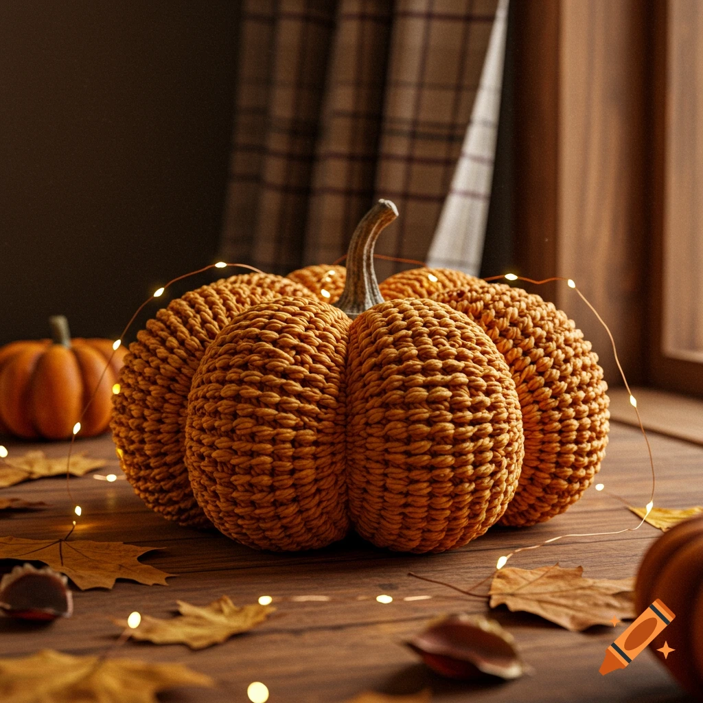 A close-up of an orange crochet pumpkin adorned with fairy lights and autumn leaves on a wooden table, with another pumpkin in the blurred background.