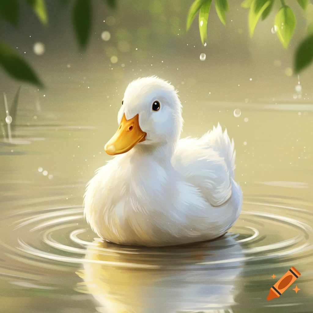 A fluffy white duck with a yellow beak floats on calm water, creating ripples, with green leaves visible at the top.