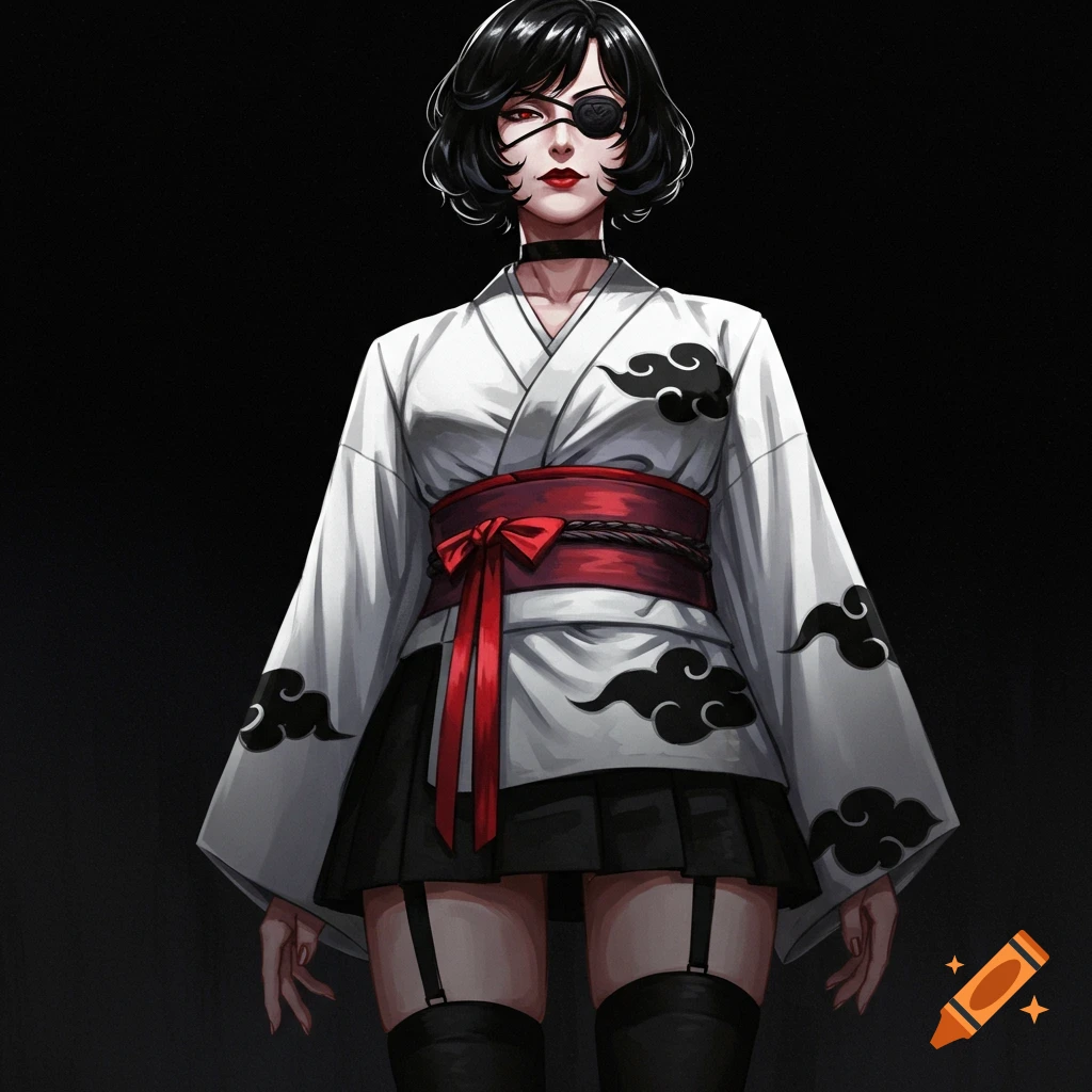 An anime-style woman with black bob hair and an eyepatch, wearing a white kimono with black clouds, a red obi, black mini skirt, and thigh-highs.