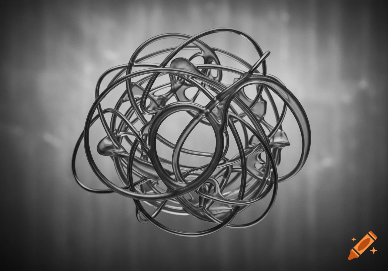 A tangled sphere of shiny metallic abstract shapes and loops against a blurred gray background.