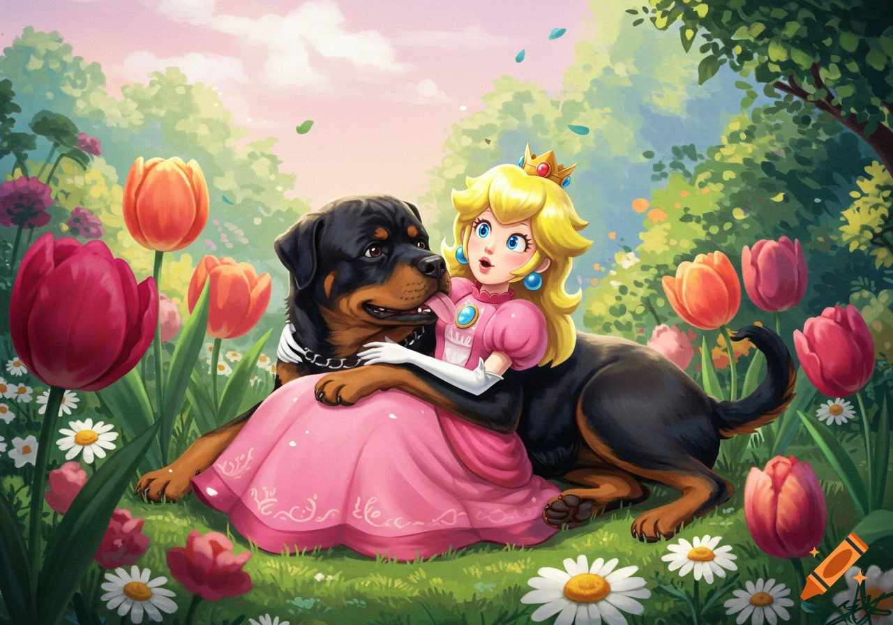 Princess Peach with blonde hair and a pink dress hugs a large black and brown Rottweiler in a vibrant garden filled with red and orange tulips and white daisies. The dog licks her face, and Peach looks surprised in a cartoon style illustration.
