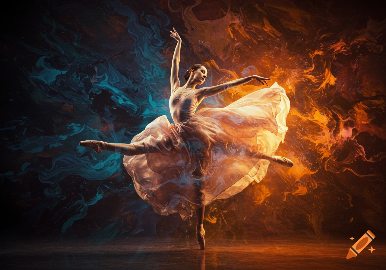 A ballet dancer leaps gracefully against a swirling background of blue and orange abstract art.