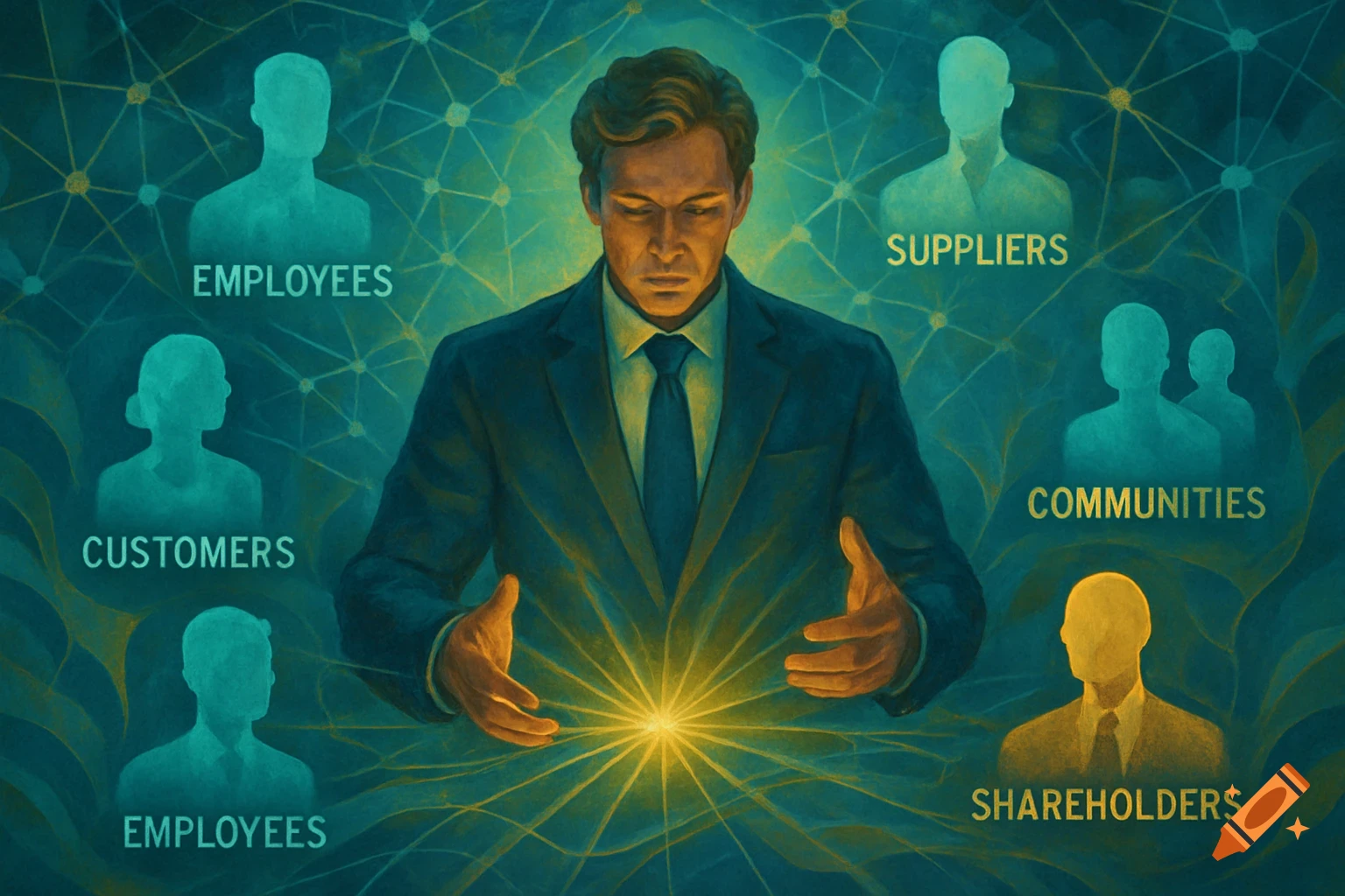 Conceptual illustration of a businessman radiating light, surrounded by silhouettes labeled employees, customers, suppliers, communities, and shareholders.