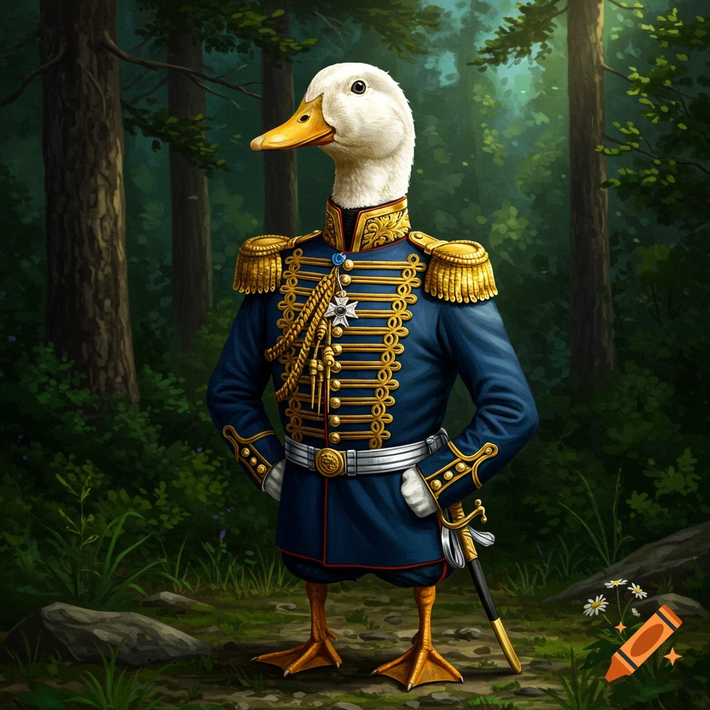 A white duck with a yellow beak, dressed in a detailed blue and gold military uniform, stands in a lush forest.