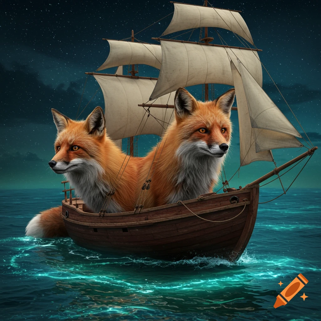 Two orange and white foxes merged with a wooden sailboat, sailing on a starry, dark blue ocean.