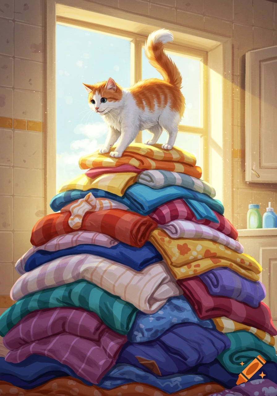 A cute white and ginger cat stands atop a huge pile of colorful, folded laundry in a bright, illustrative style.