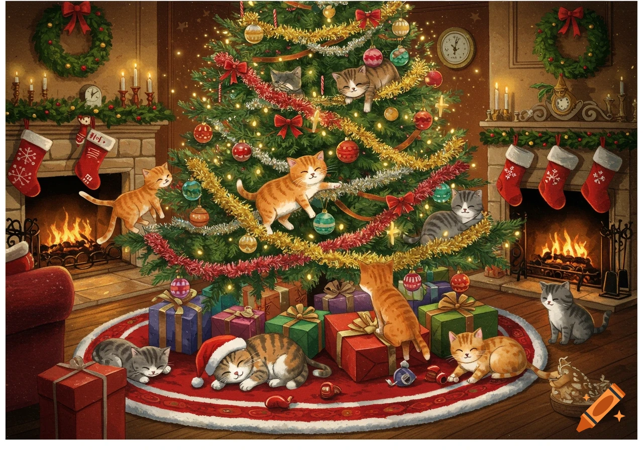 An illustration of cute cats playing and resting around a beautifully decorated Christmas tree in a cozy room with fireplaces and stockings.