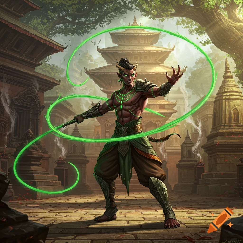 Muscular horned fantasy warrior with green glowing energy whips in a temple courtyard.