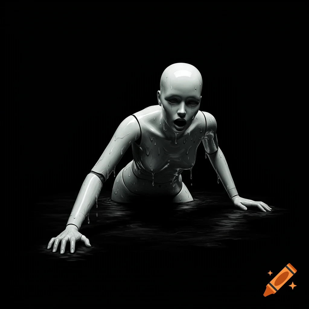 A white, wet mannequin with a distressed face, crawling out of dark water against a pitch-black background.