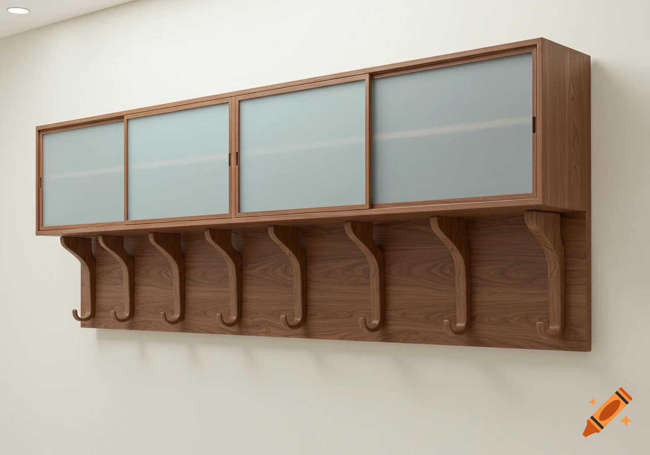 Photorealistic wall-mounted wooden coat hanger with frosted glass sliding doors and six hooks.