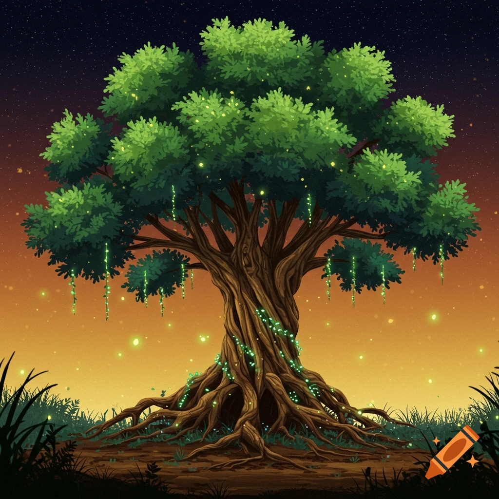 A stylized, ancient tree with gnarled roots, vibrant green leaves, and glowing green lights, set against a gradient orange and starry night sky.
