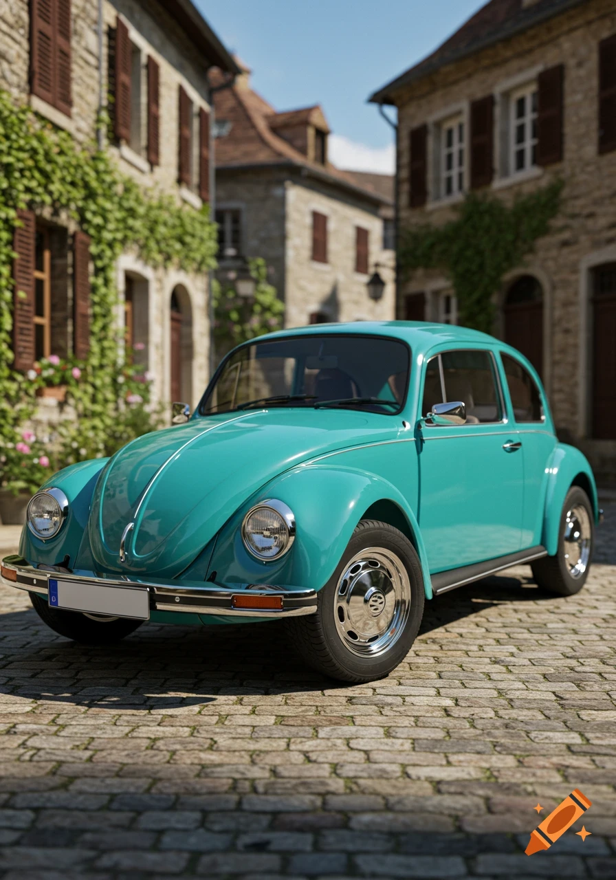 A teal vintage Volkswagen Beetle is parked on a cobblestone street in a European village with stone buildings and green vines under a clear sky.