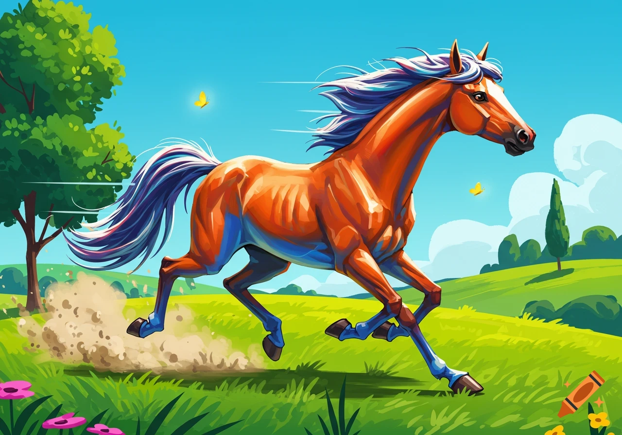 A vibrant cartoon horse with a colorful mane and tail gallops across a green field under a blue sky, kicking up dust.
