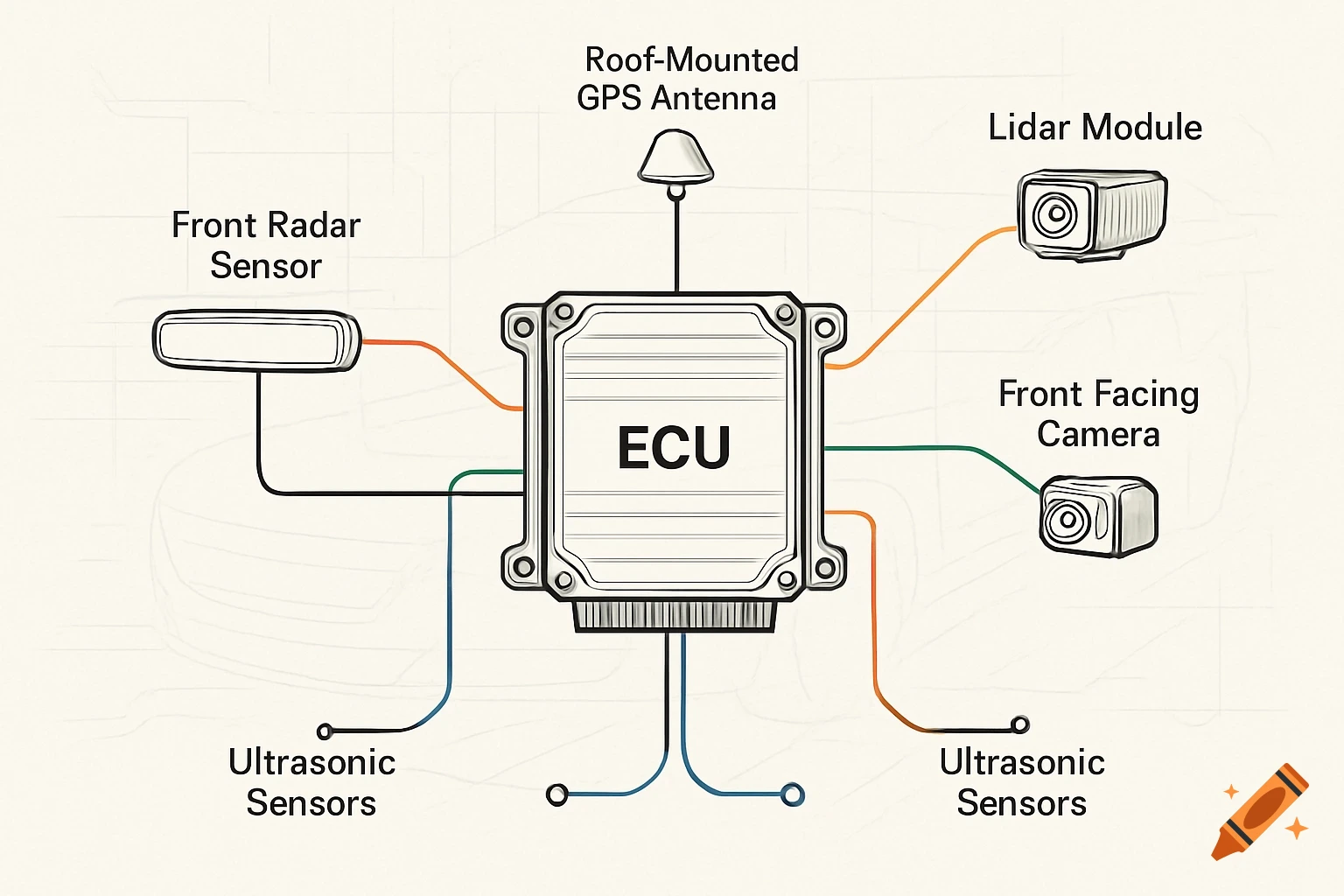 Technical diagram showing an automotive ECU connected to a front radar sensor, GPS antenna, lidar module, front-facing camera, and ultrasonic sensors.