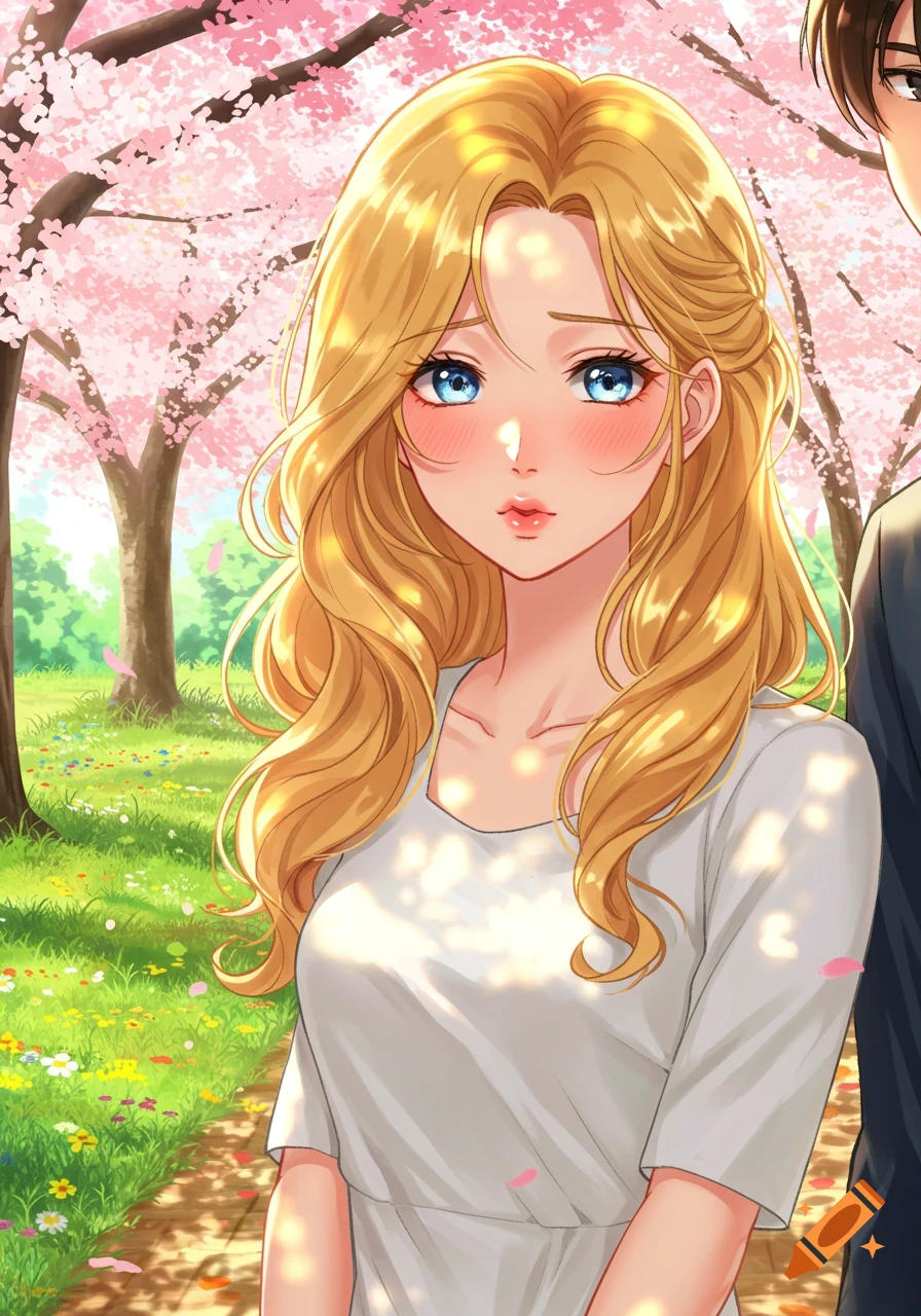 Anime woman with long golden hair and sparkling blue eyes, blushing in a cherry blossom park.