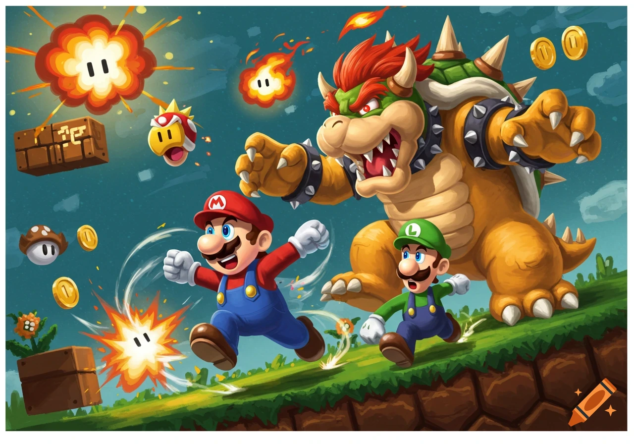 Cartoon of Mario and Luigi running from Bowser on a green hill, with explosions and coins.