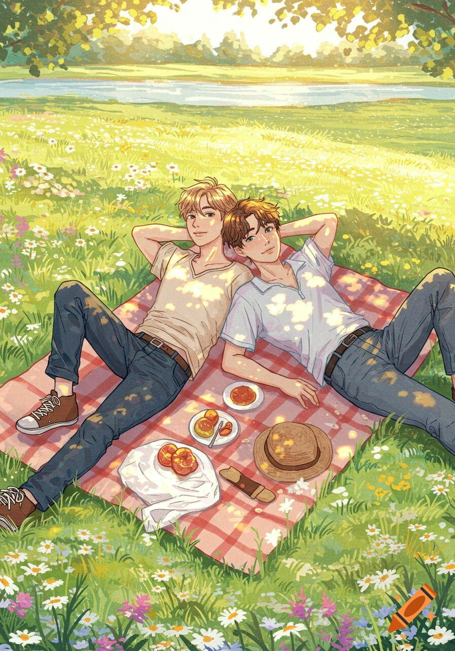 Illustration of two young men on a picnic blanket in a sunny, flower-filled field next to a lake.