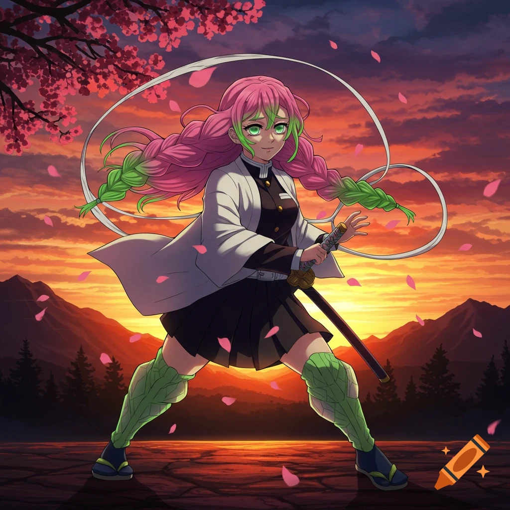 Mitsuri from Demon Slayer in a fighting pose against a dramatic sunset background with cherry blossoms.