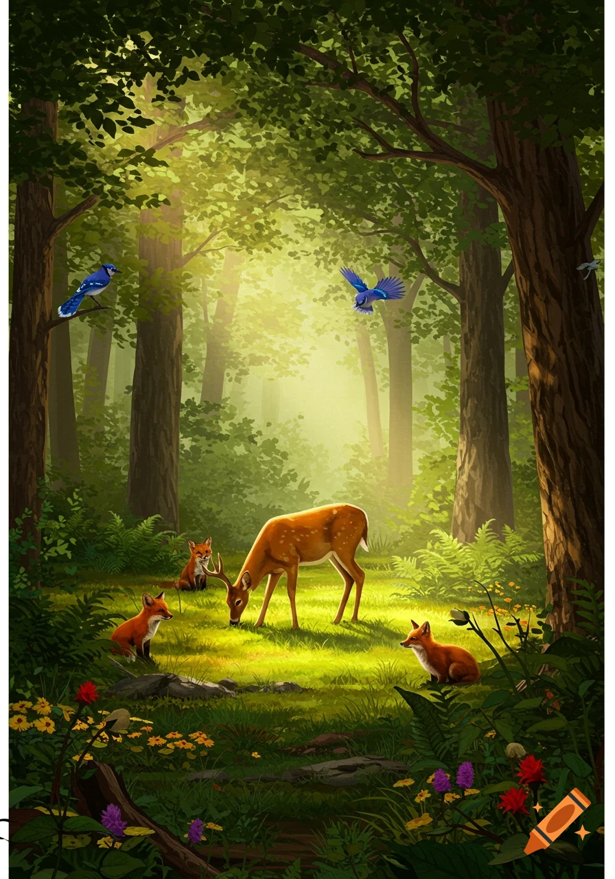 An illustration of a deer grazing in a sunlit forest clearing, with three foxes, two blue jays, and lush green foliage.