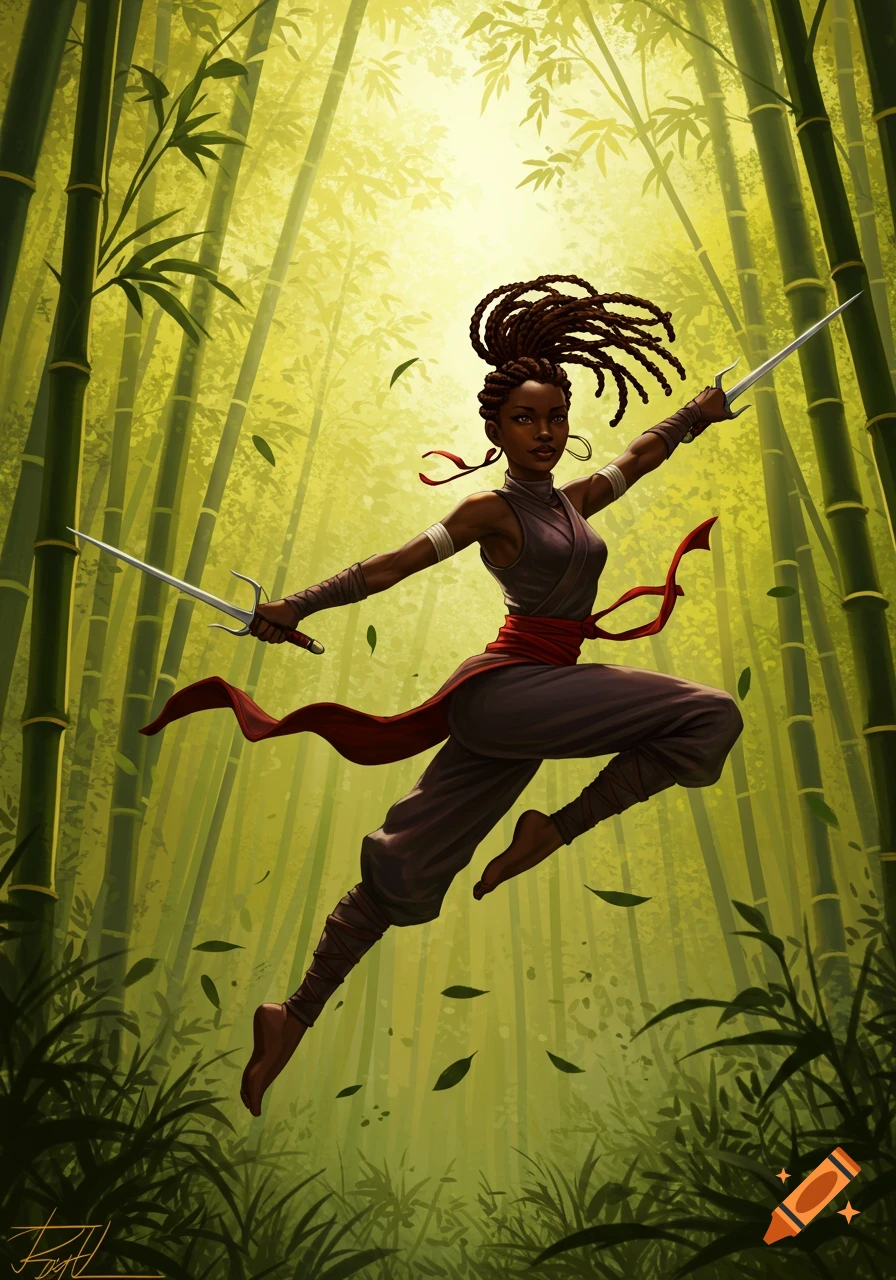 An African female ninja with dreadlocks, wearing a dark outfit and red sash, leaps in a vibrant bamboo forest, holding two sai.