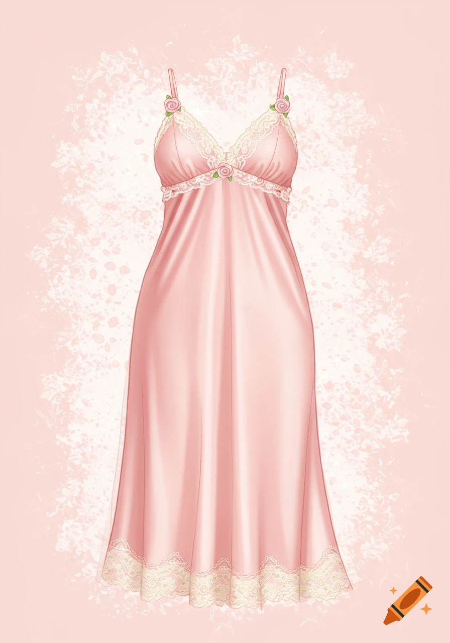 A pastel pink slip nightgown with delicate cream lace trim and small pink rose details on a pink speckled background.