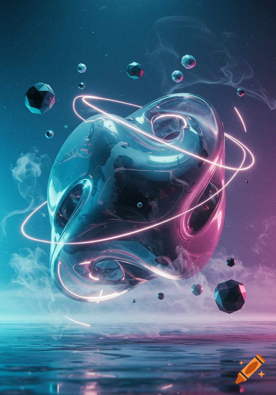 Abstract glowing blue and pink liquid-like torus shape with orbiting neon rings and geometric fragments over a reflective surface.