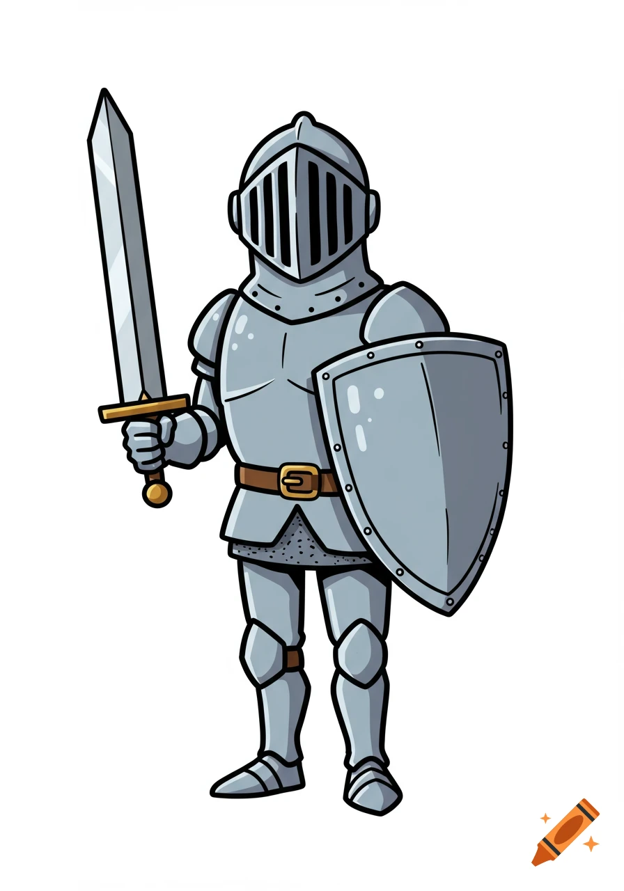 A simple cartoon illustration of a medieval knight in full silver armor, holding a sword and shield, on a white background.