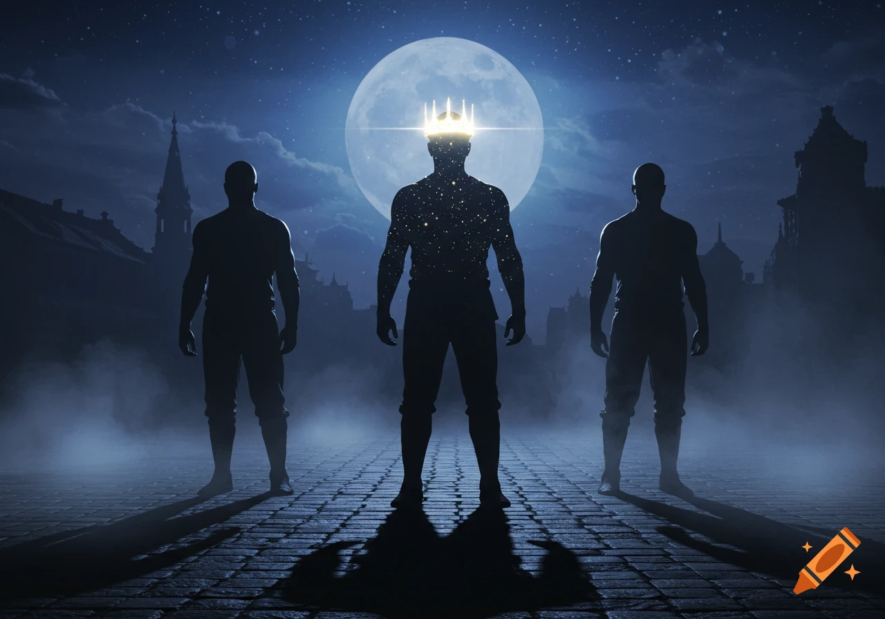 Three silhouetted men stand on a misty street under a full moon; the middle man wears a glowing crown and has a starry body.