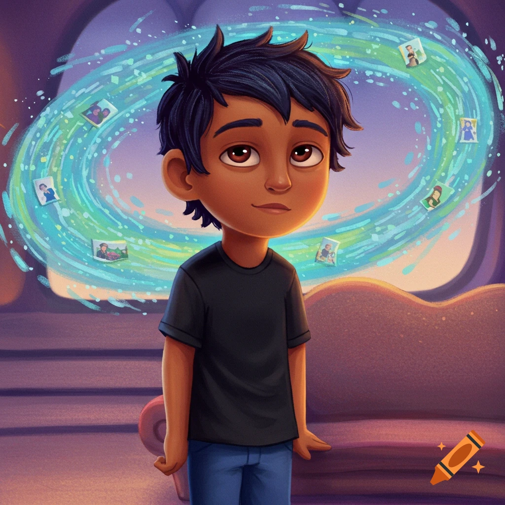 A cartoon boy with dark skin and brown eyes, wearing a black t-shirt and blue jeans, stands with a swirling blue-green memory vortex behind him.