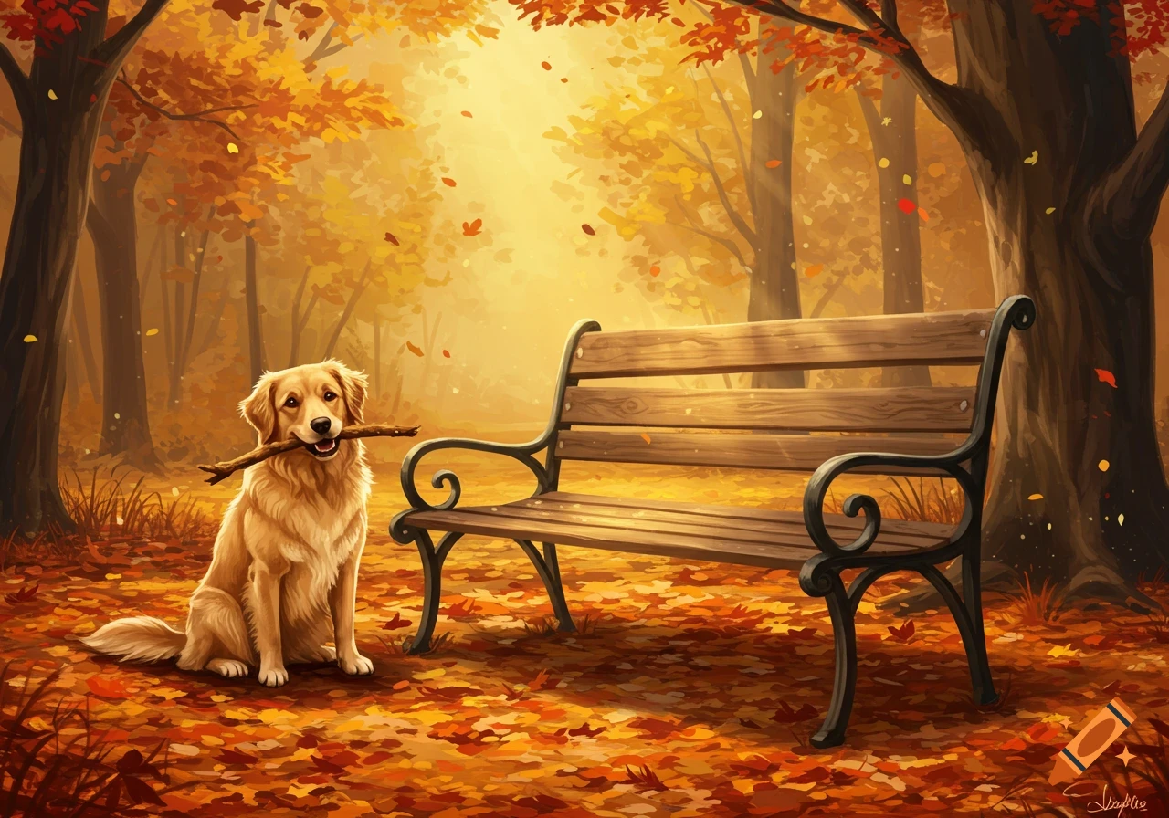A golden retriever dog with a stick sits by a park bench in a vibrant autumn forest, illustrated style.