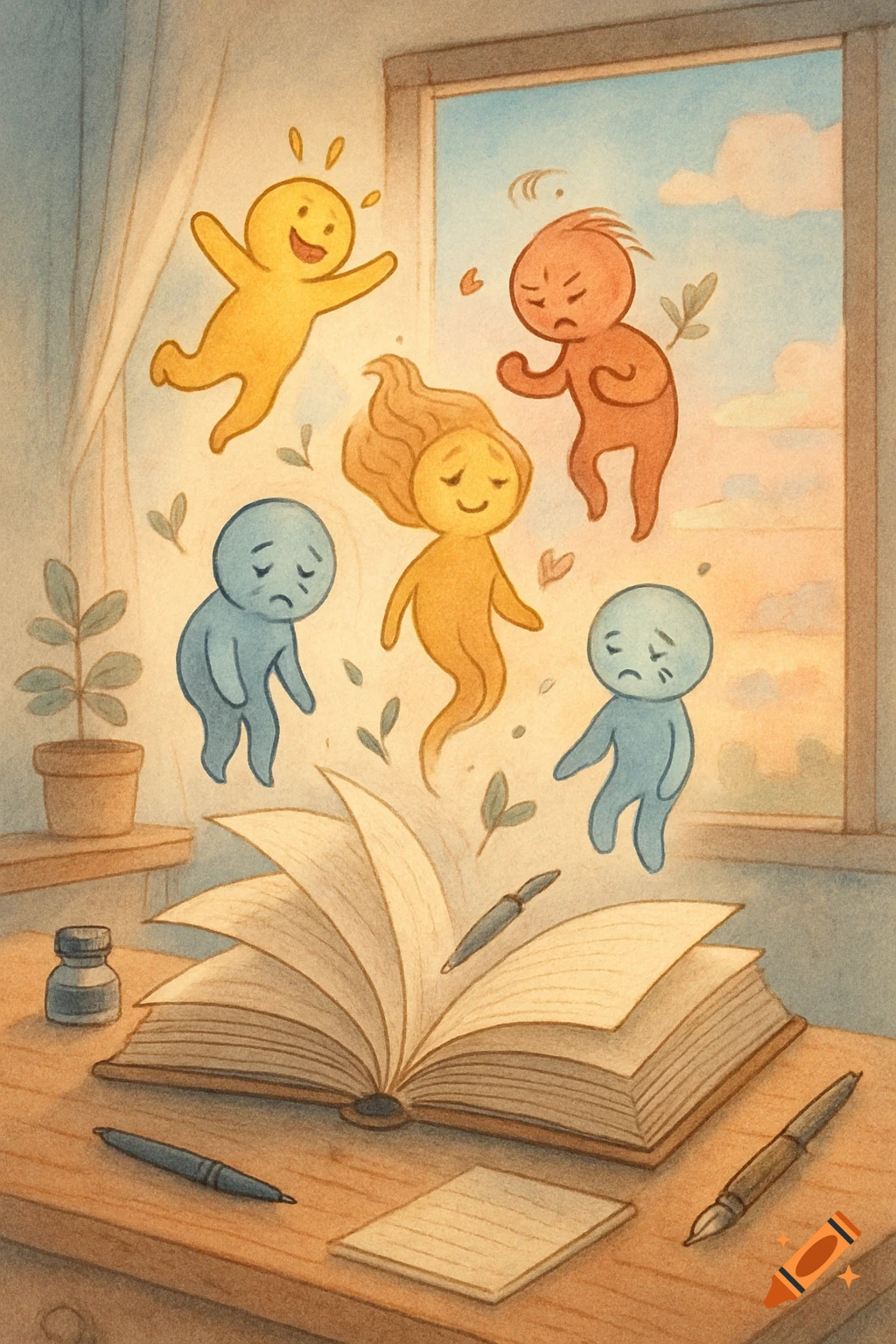A watercolor illustration of an open book on a desk with pens and paper, from which colorful, stylized emotion figures float towards a window.