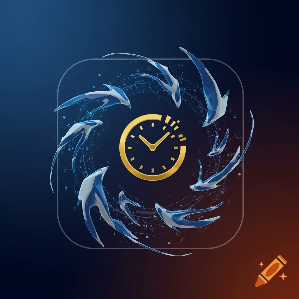 An app icon featuring a golden clock surrounded by swirling blue and white abstract boid-like shapes on a dark, gradient background.